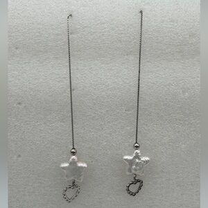 Sterling Silver threader real pearl Star shaped earrings